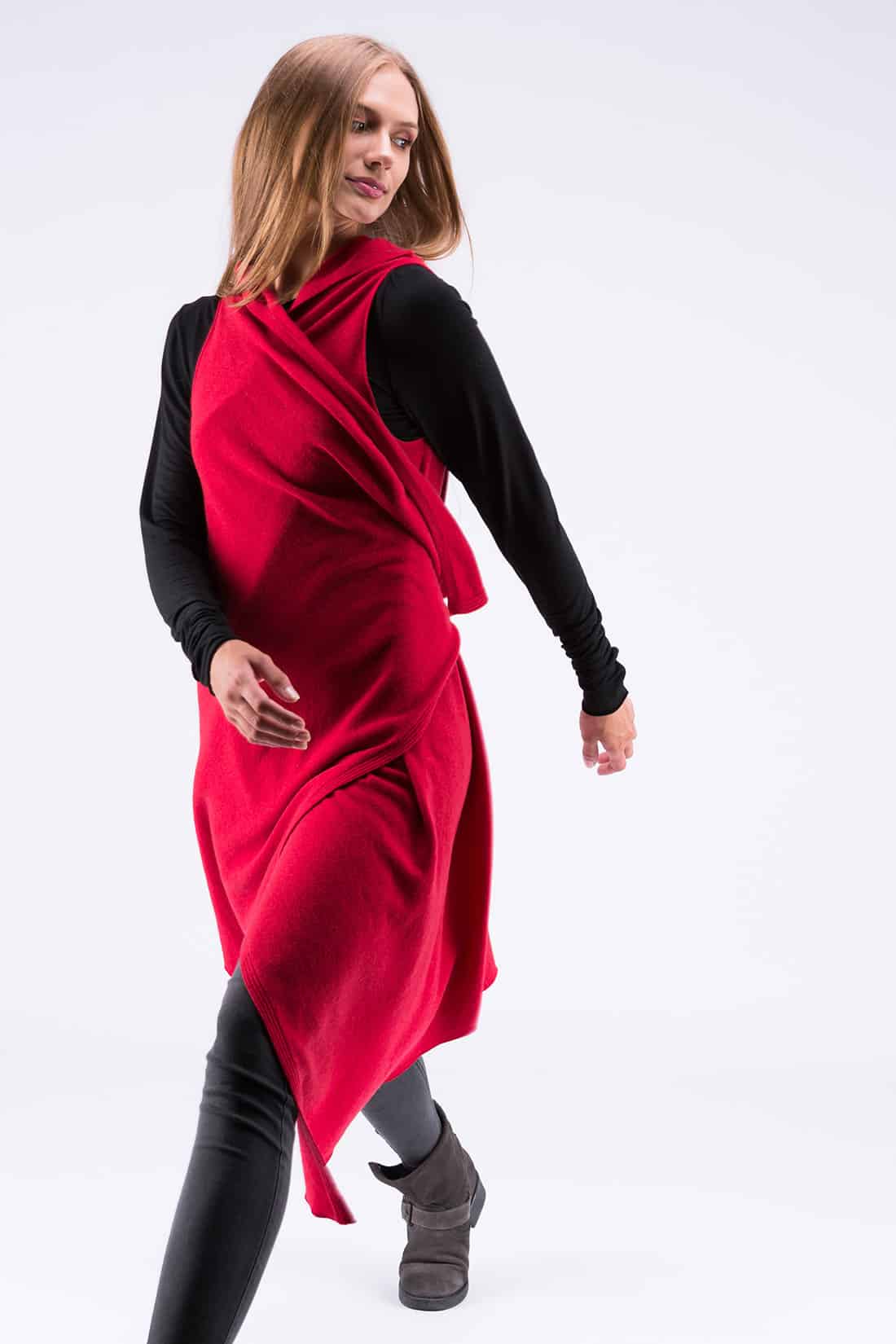 Gilet rouge corail long en laine pour femme NUUK