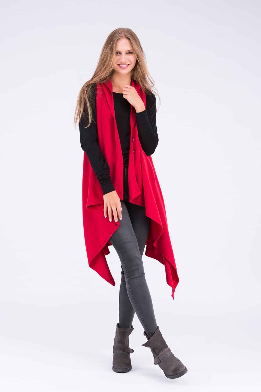 Gilet rouge corail long en laine pour femme NUUK – Image 2