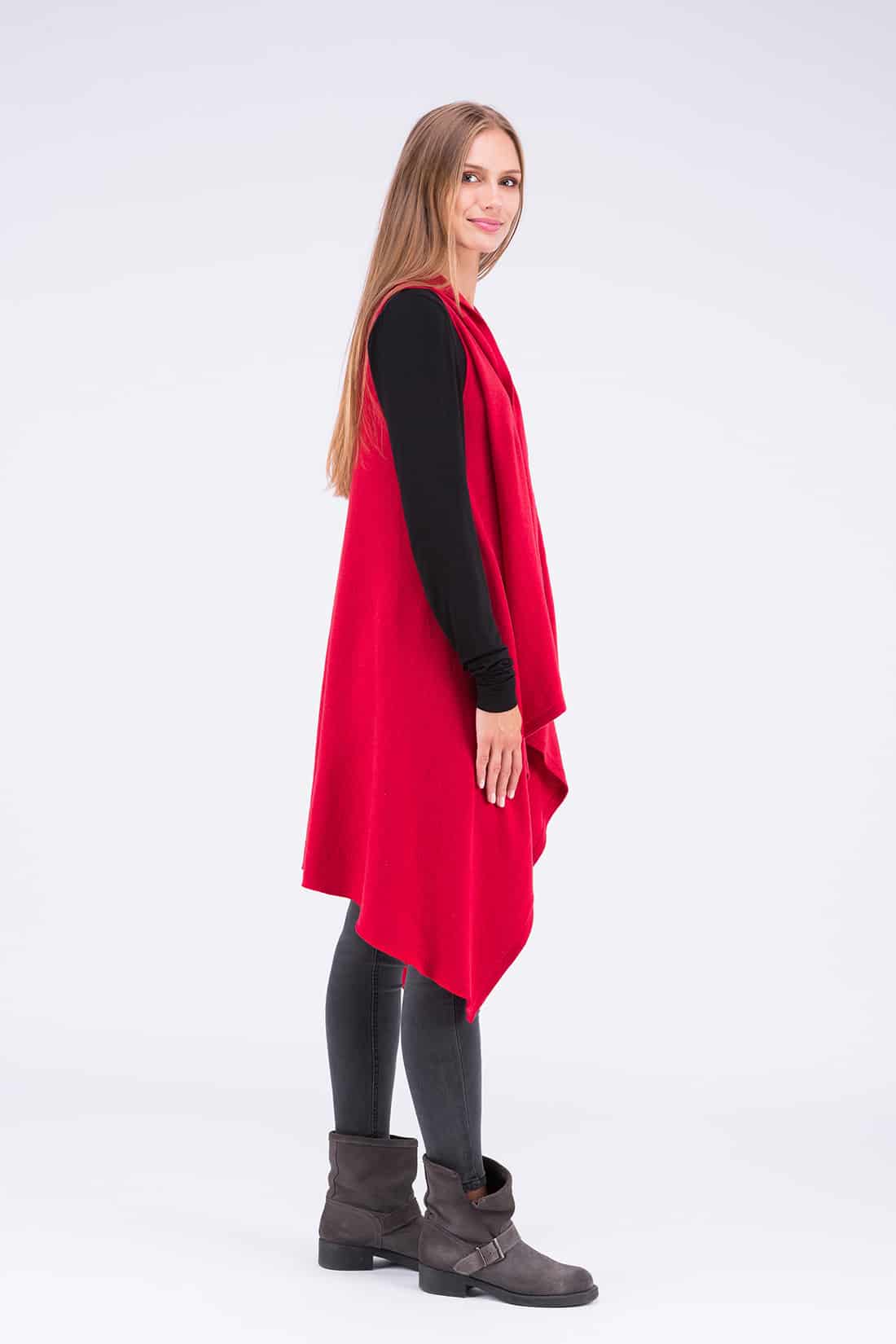 Gilet rouge corail long en laine pour femme NUUK – Image 3