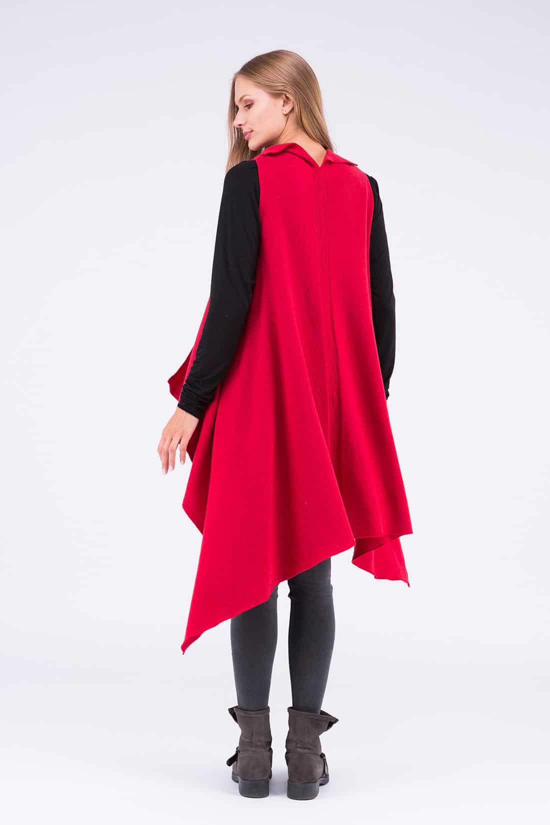 Gilet rouge corail long en laine pour femme NUUK – Image 4