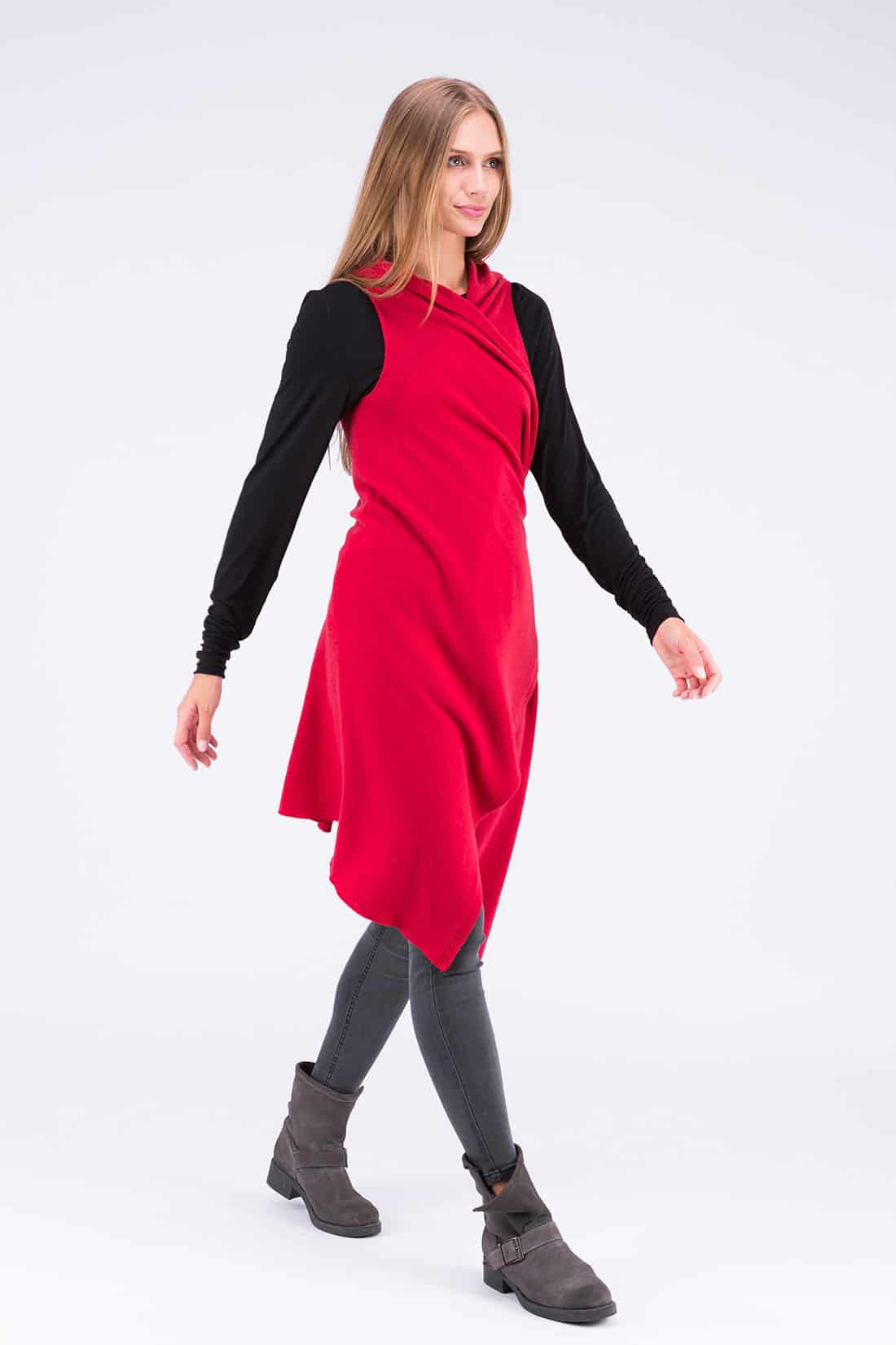 Gilet rouge corail long en laine pour femme NUUK – Image 5