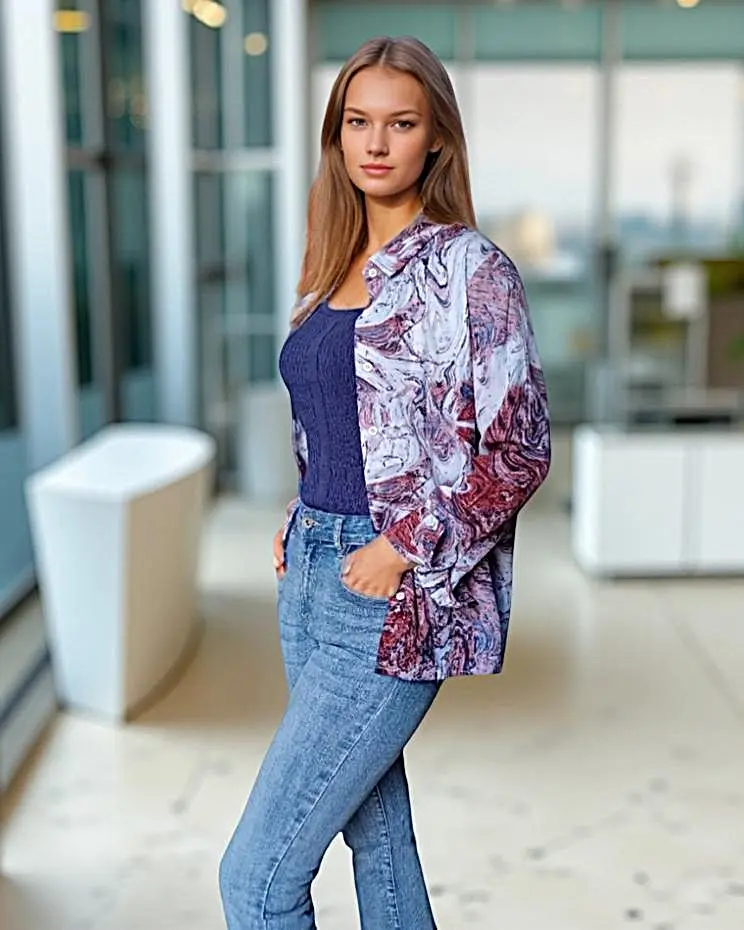 Chemisier Femme Classique Imprimé Abstrait Prune & Bleu