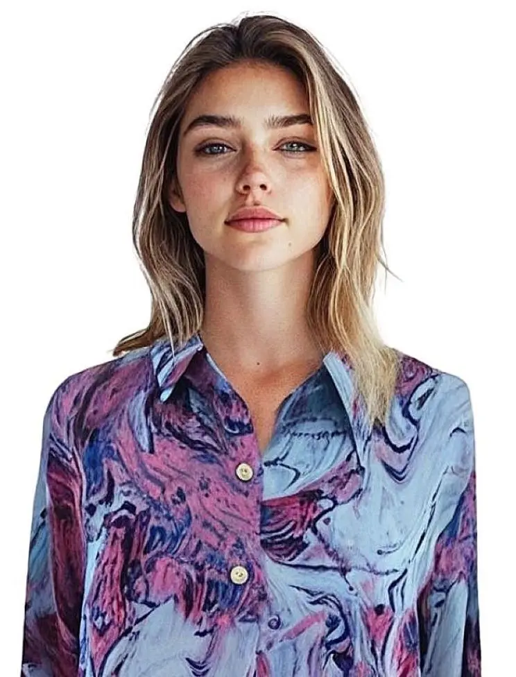 Chemisier Femme Classique Imprimé Abstrait Prune & Bleu – Image 4