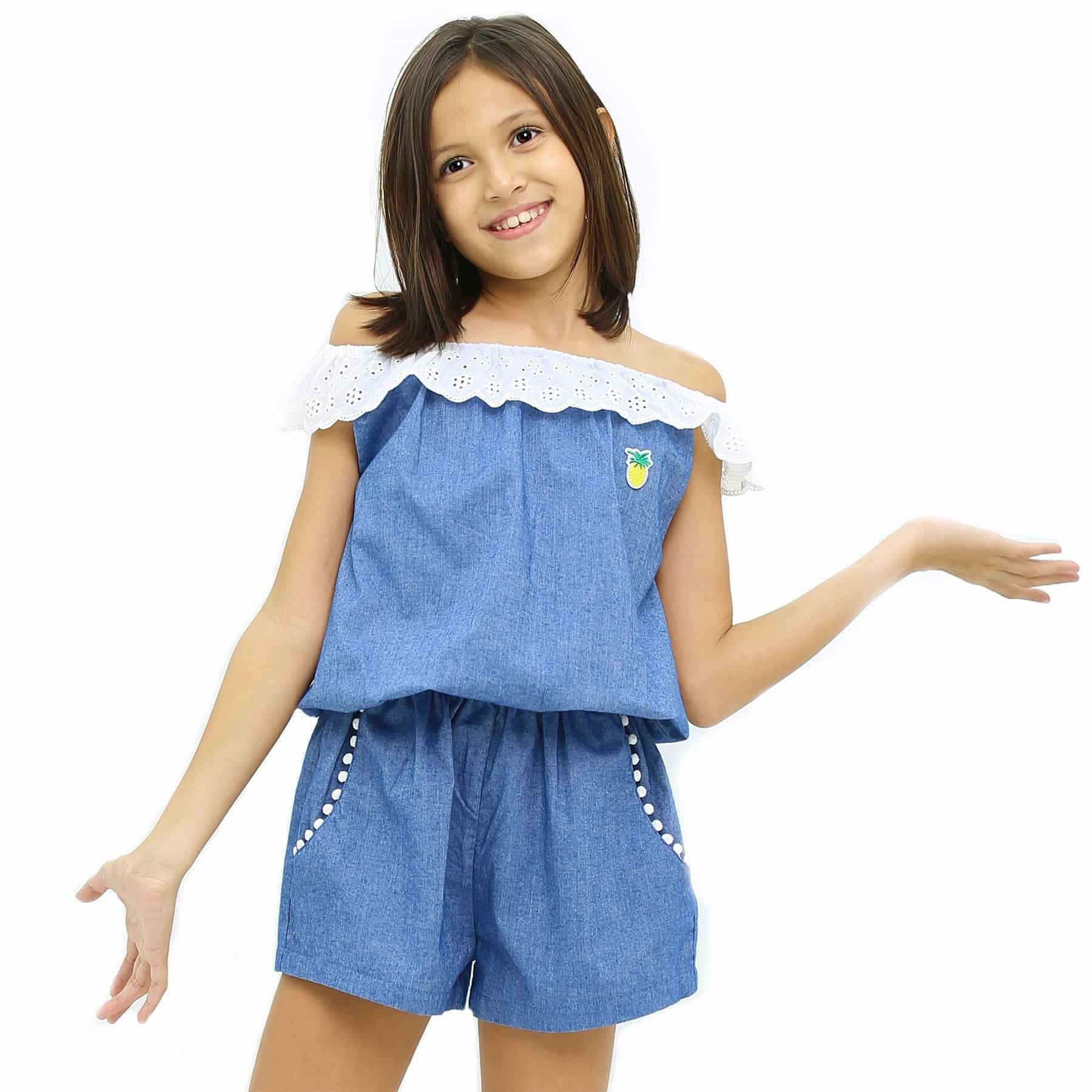 Combi-Short Été Bleu Fille | Col Élastique Dentelle Blanche | LOLITA
