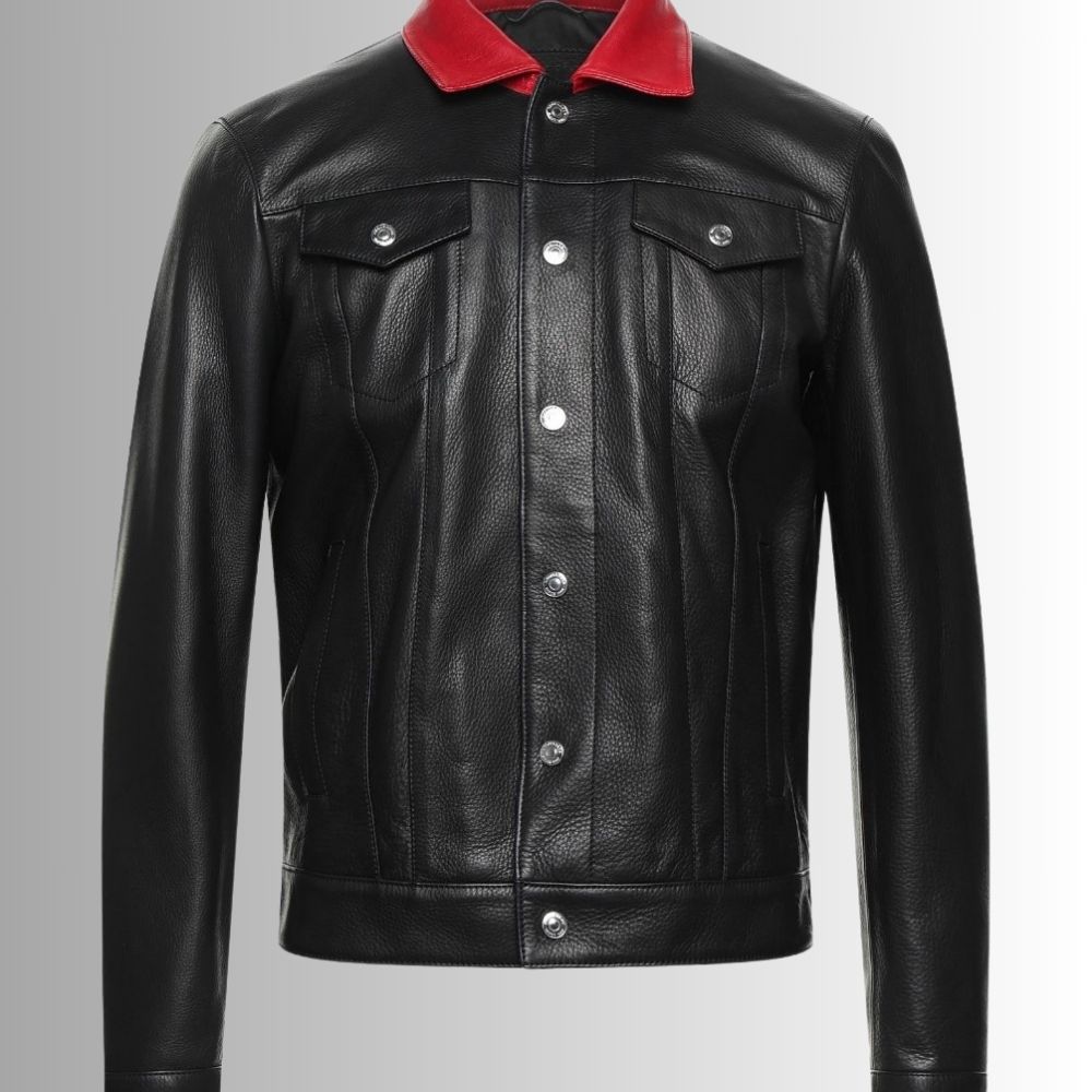 Noir Rouge Icon – Veste Cuir Homme Noire – Col Contrasté Rouge Mode – Image 2
