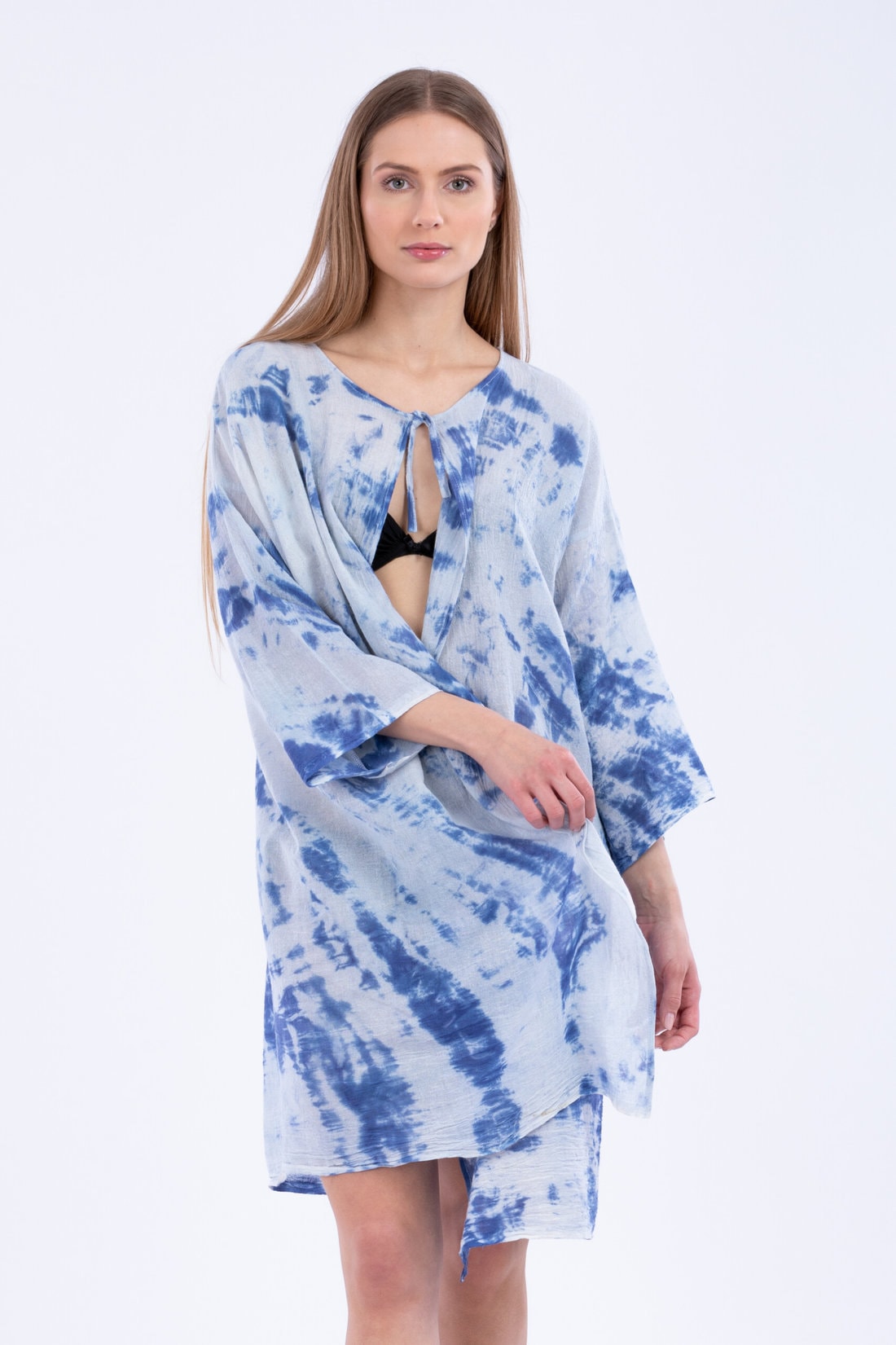 Veste kimono bleu mi-long pour femme en coton bio imprimé SEA – Image 2