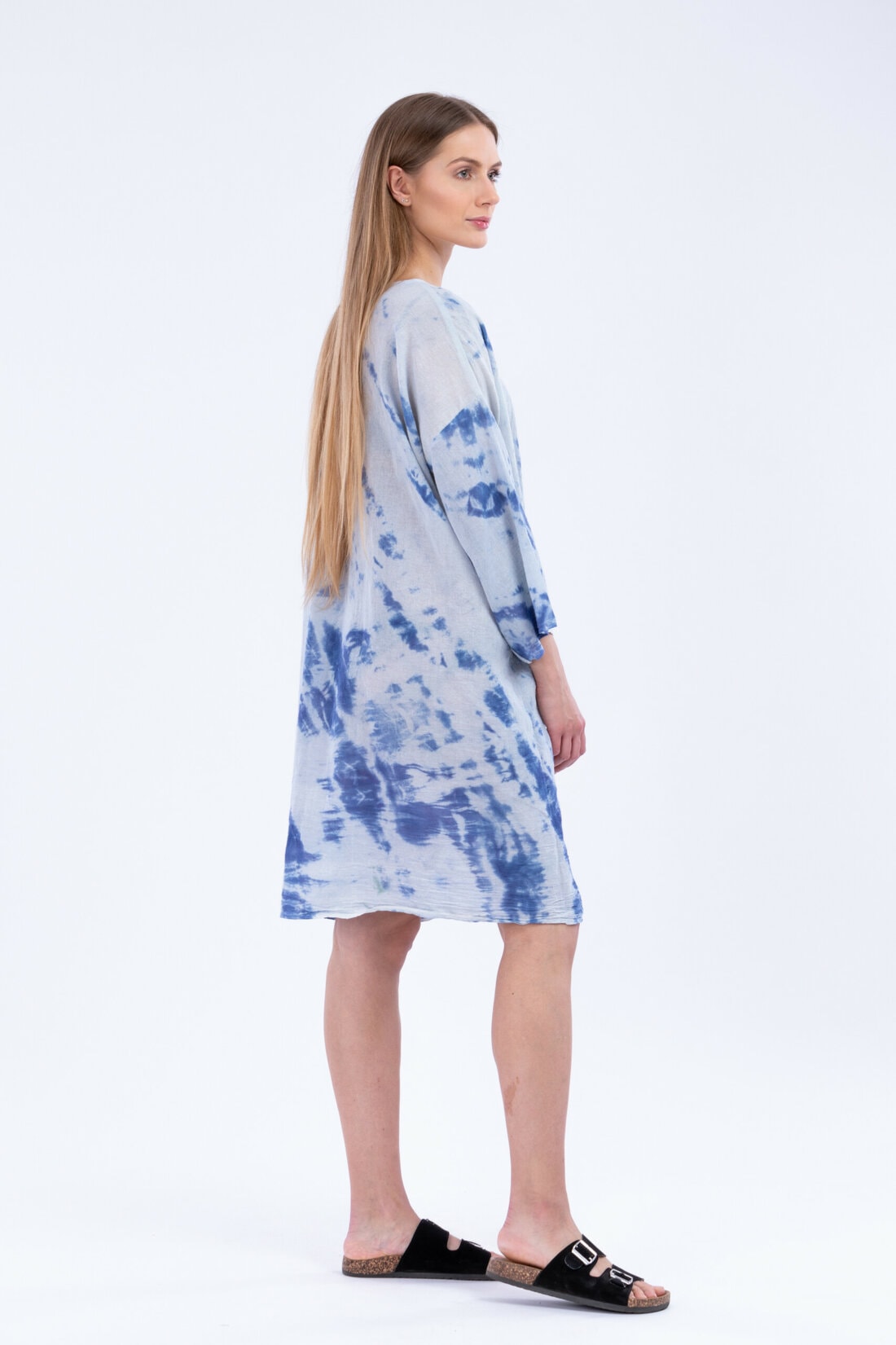 Veste kimono bleu mi-long pour femme en coton bio imprimé SEA – Image 3