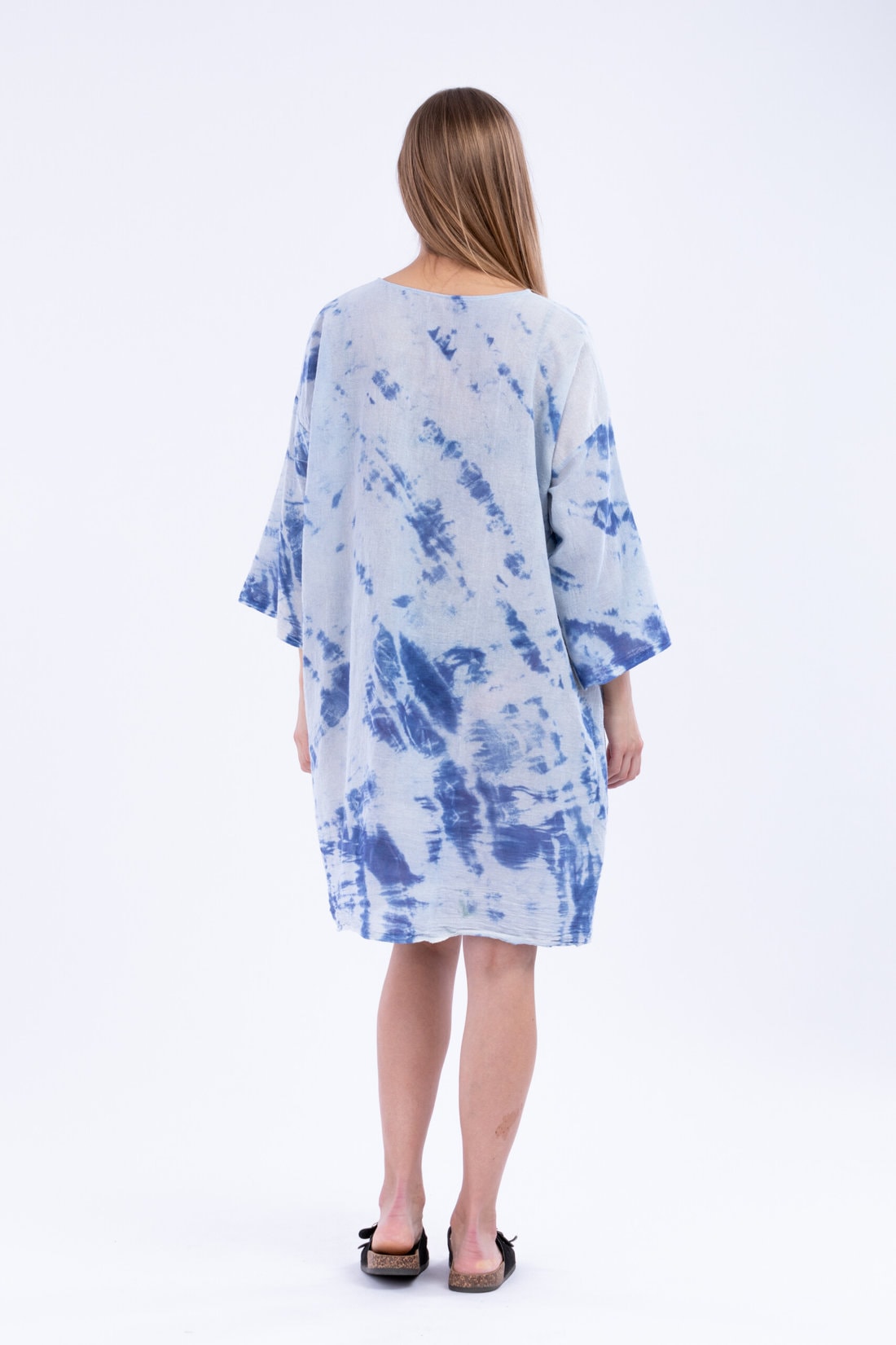 Veste kimono bleu mi-long pour femme en coton bio imprimé SEA – Image 4