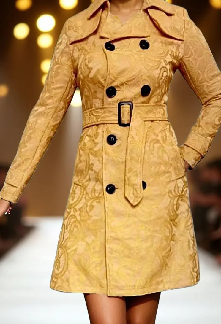 Manteau Moutarde Fantaisie pour Femme avec Ceinture et Boutons Noirs