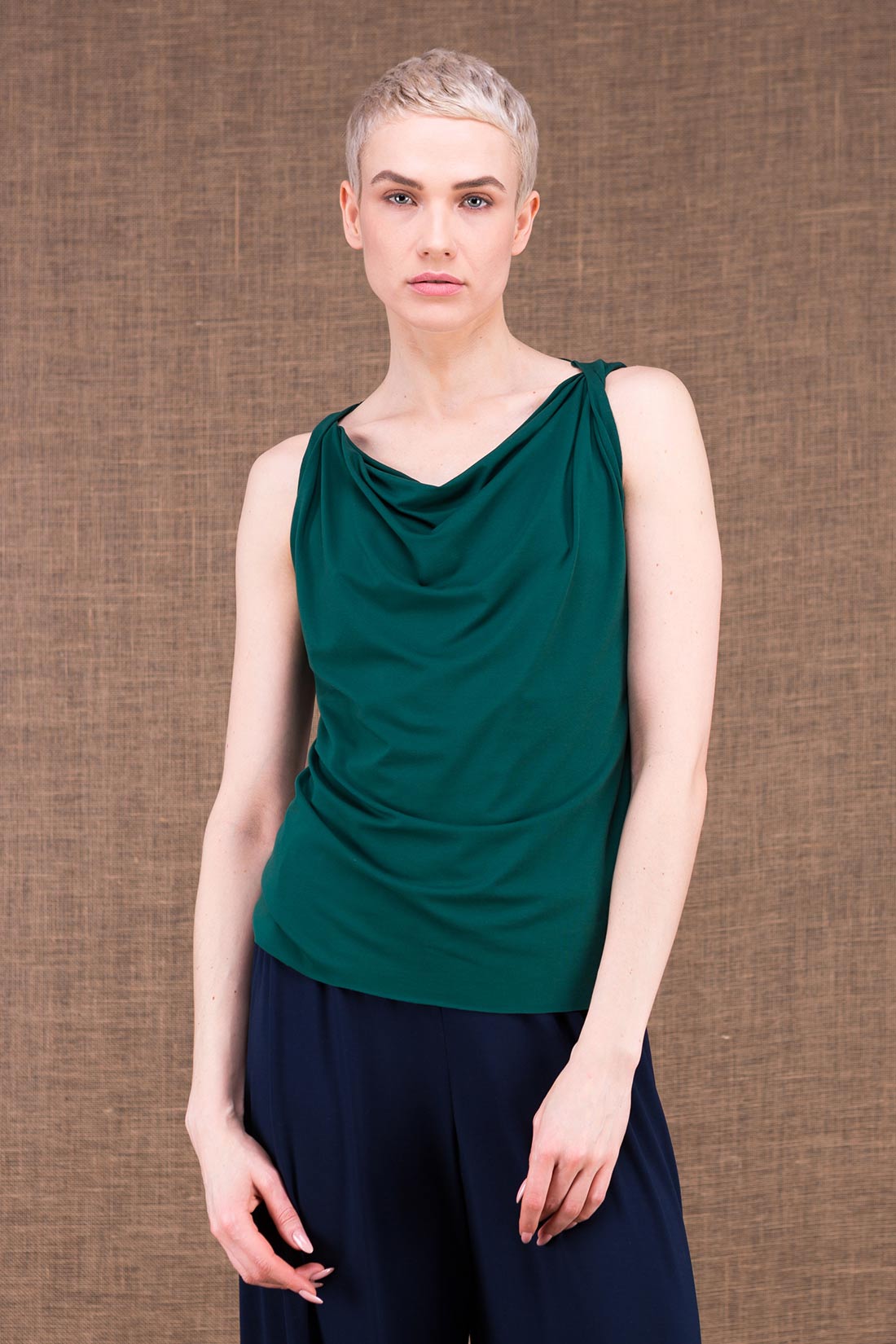 Emerald green draped cowl neck viscose jersey top for women PARISA – Image 2