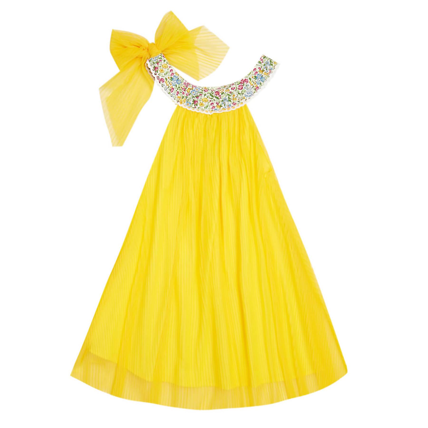 Robe Cérémonie Fille | Voile Jaune, Col Fleuri Liberty Lilas | ALIZEE – Image 4