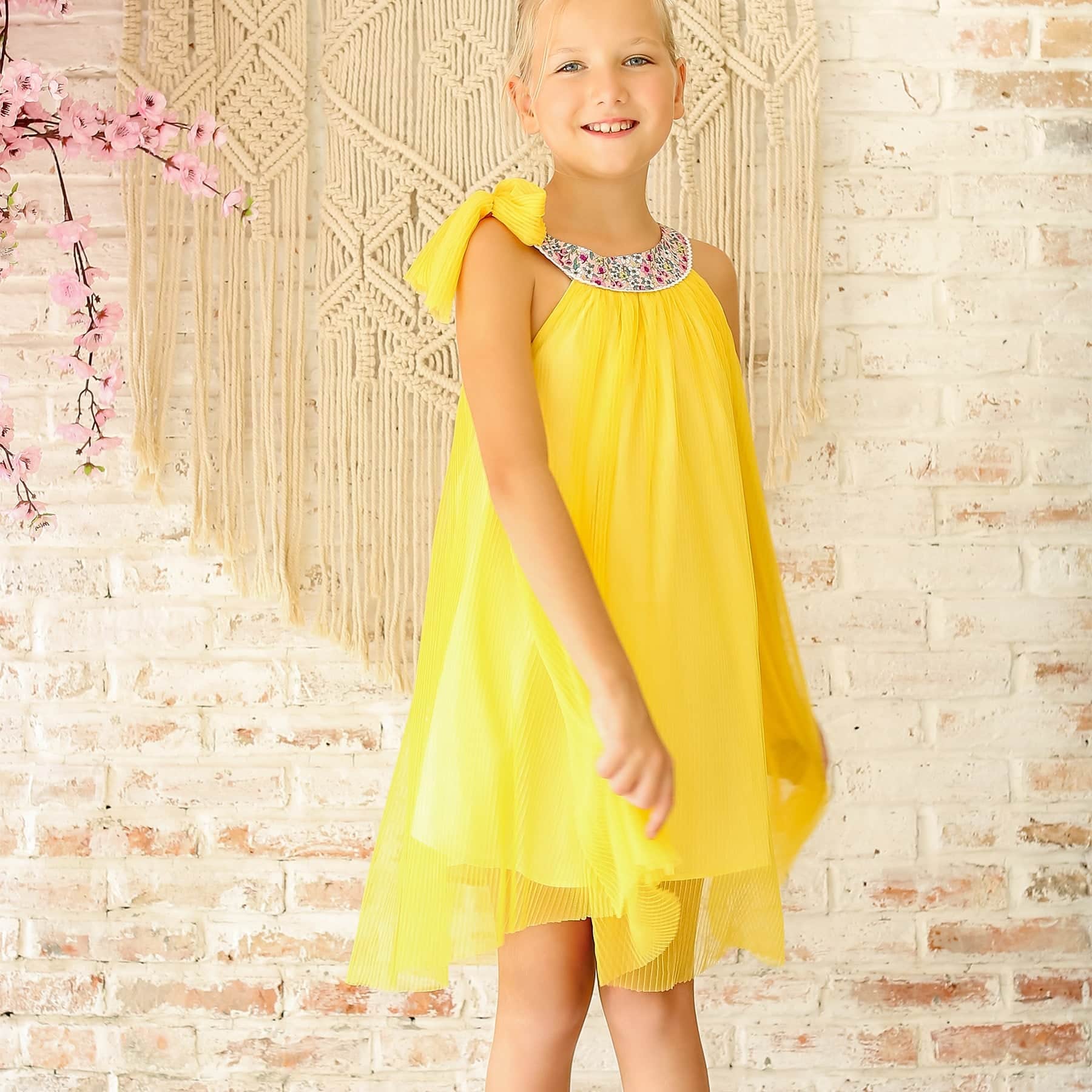 Robe Cérémonie Fille | Voile Jaune, Col Fleuri Liberty Lilas | ALIZEE