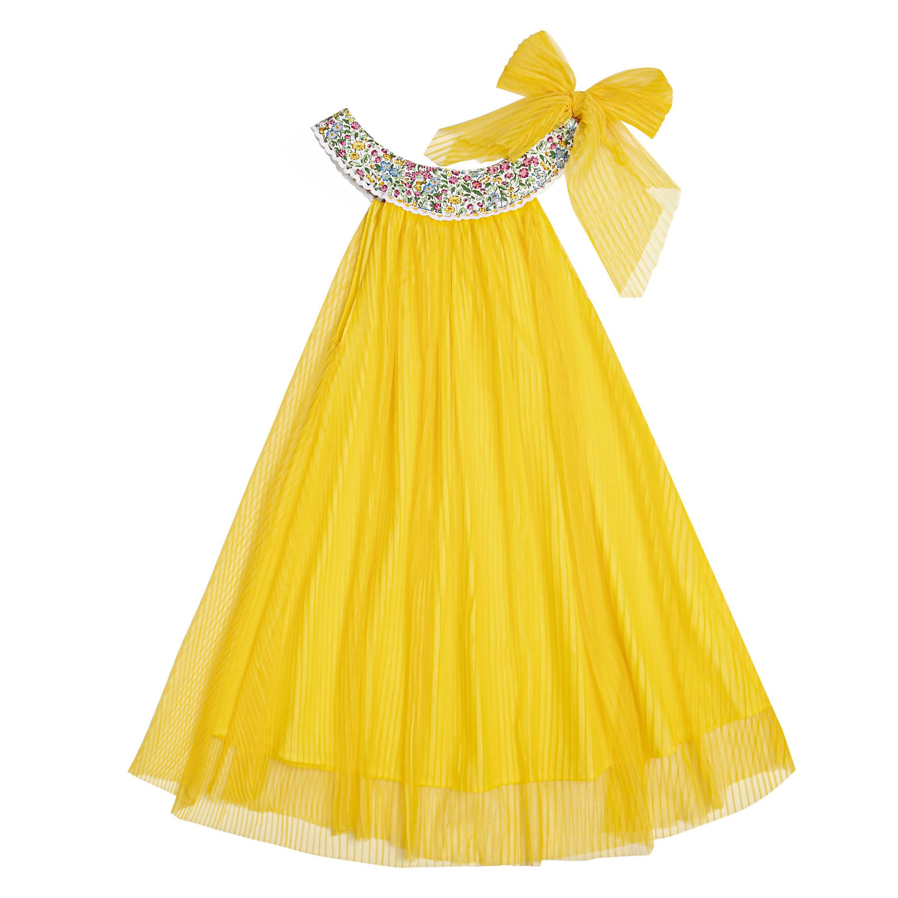 Robe Cérémonie Fille | Voile Jaune, Col Fleuri Liberty Lilas | ALIZEE – Image 3