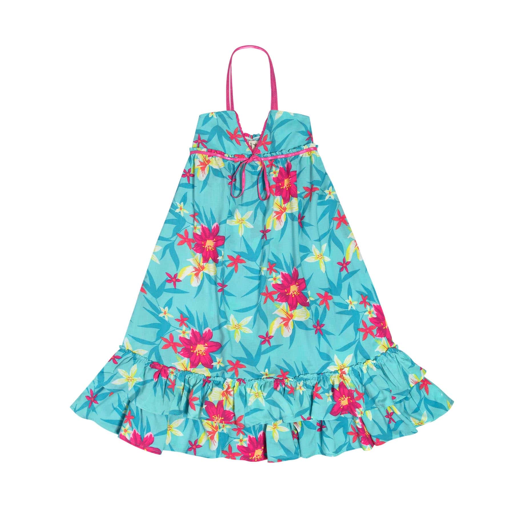 Robe Longue Été Fille | Jersey Fleurs Hawaï Bleu Turquoise | TAHITI – Image 3