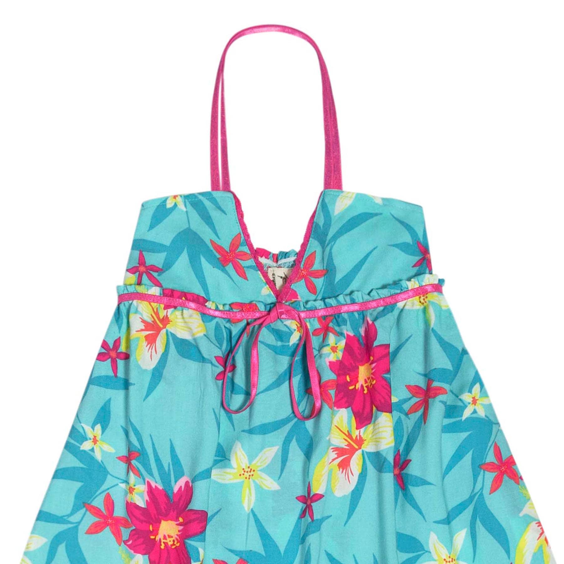 Robe Longue Été Fille | Jersey Fleurs Hawaï Bleu Turquoise | TAHITI – Image 2