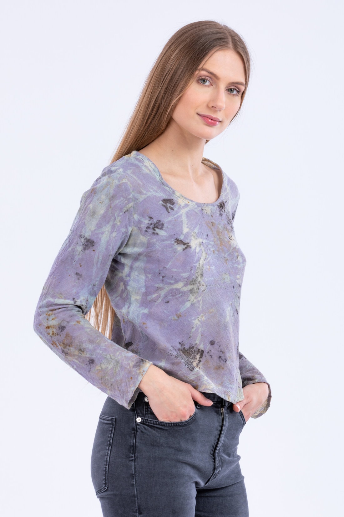 Purple mauve long sleeve printed organic cotton t-shirt for women MIKA – Image 2