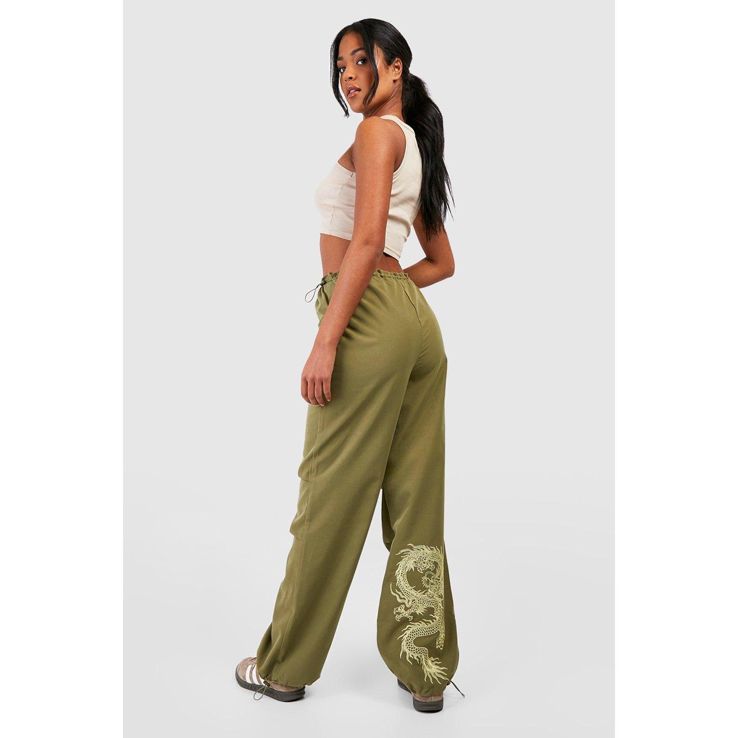 Tall – Pantalon cargo à broderie dragon – Vert kaki