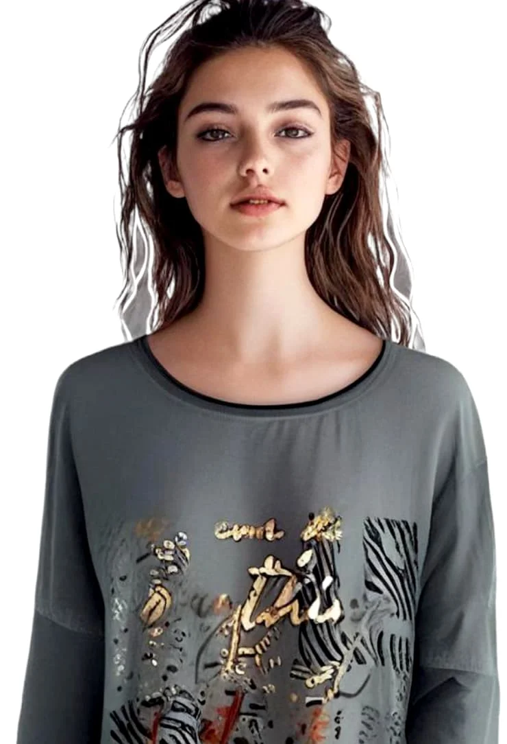 Tee-Shirt Manches Longues Femme Gris Impressions Dorées