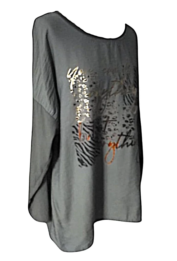 Tee-Shirt Manches Longues Femme Gris Impressions Dorées – Image 2