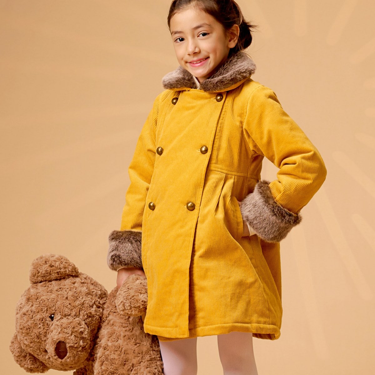 Manteau Long Fille | Velours Jaune | Col Fausse Fourrure | ANOUSHKA