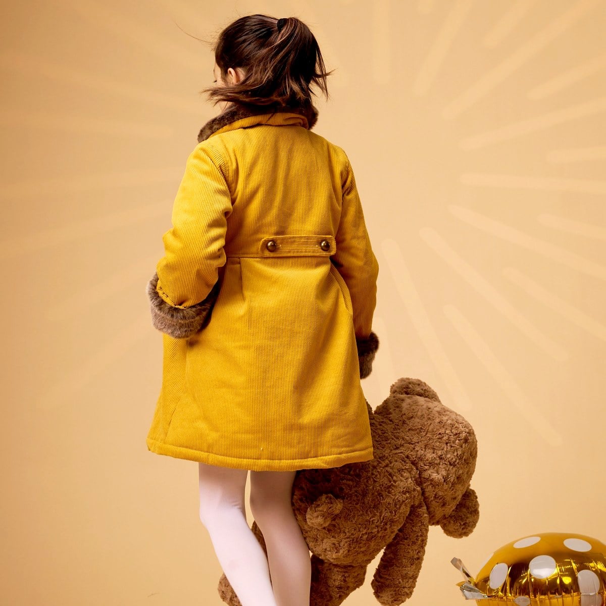Manteau Long Fille | Velours Jaune | Col Fausse Fourrure | ANOUSHKA – Image 6
