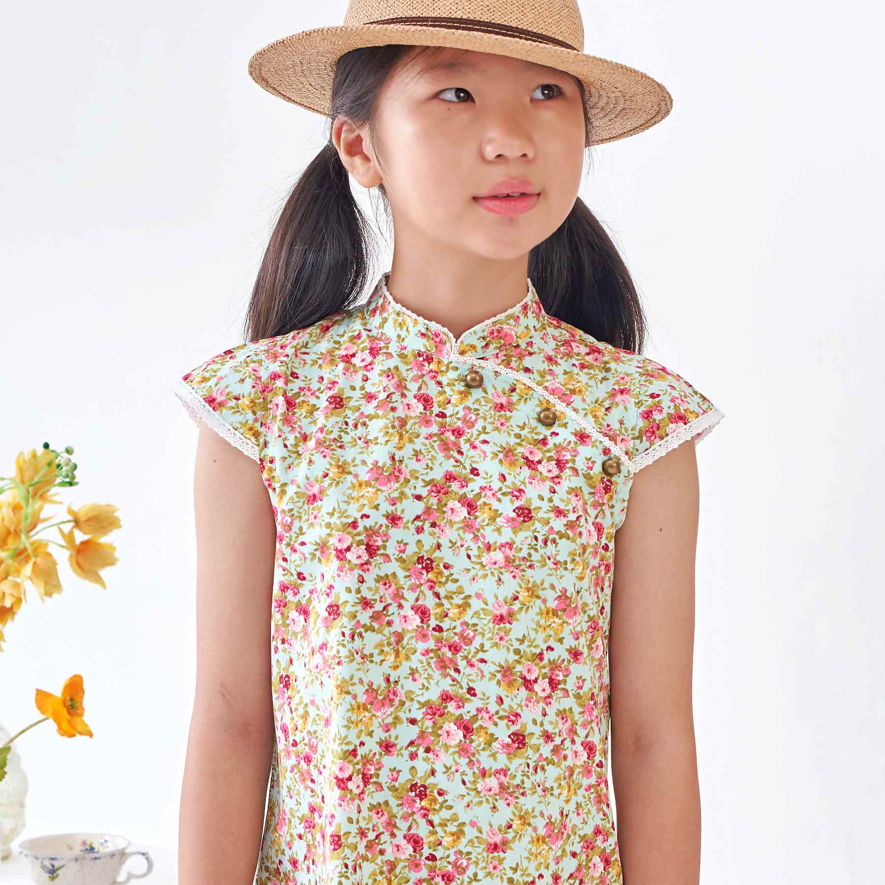 Blouse Chinoise à col Mao Fille | Fleurie Liberty Vert | ANNAM – Image 2
