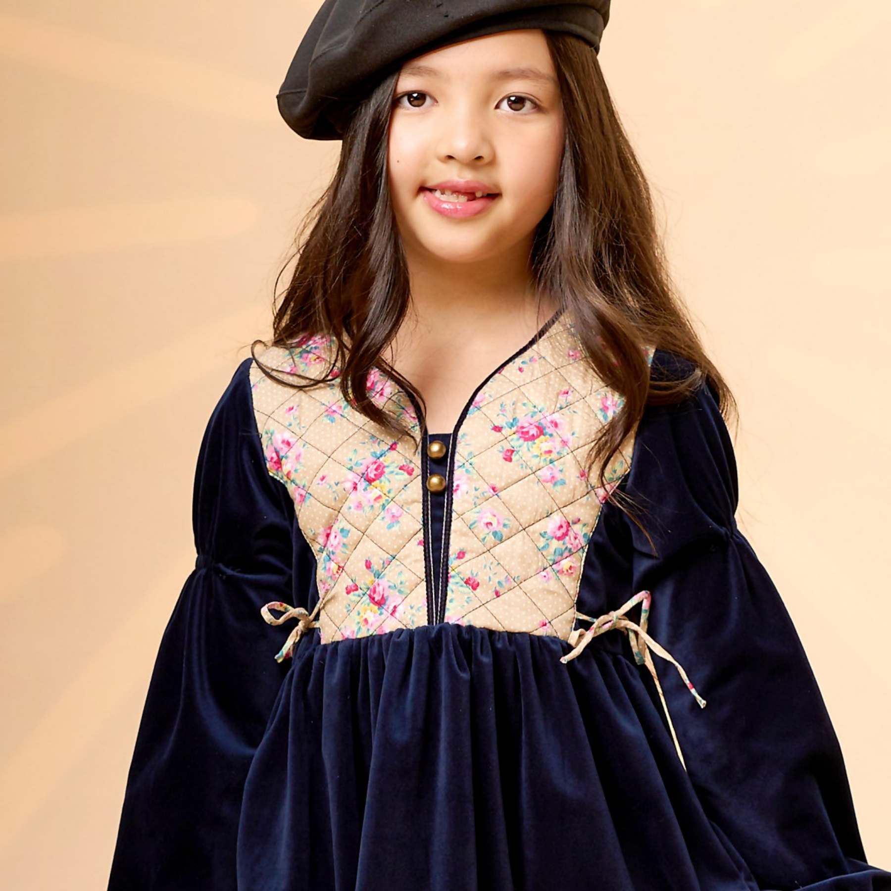 Robe Hiver Fille | Velours Bleu Marine, Fleurie Rose | MARGOT – Image 2