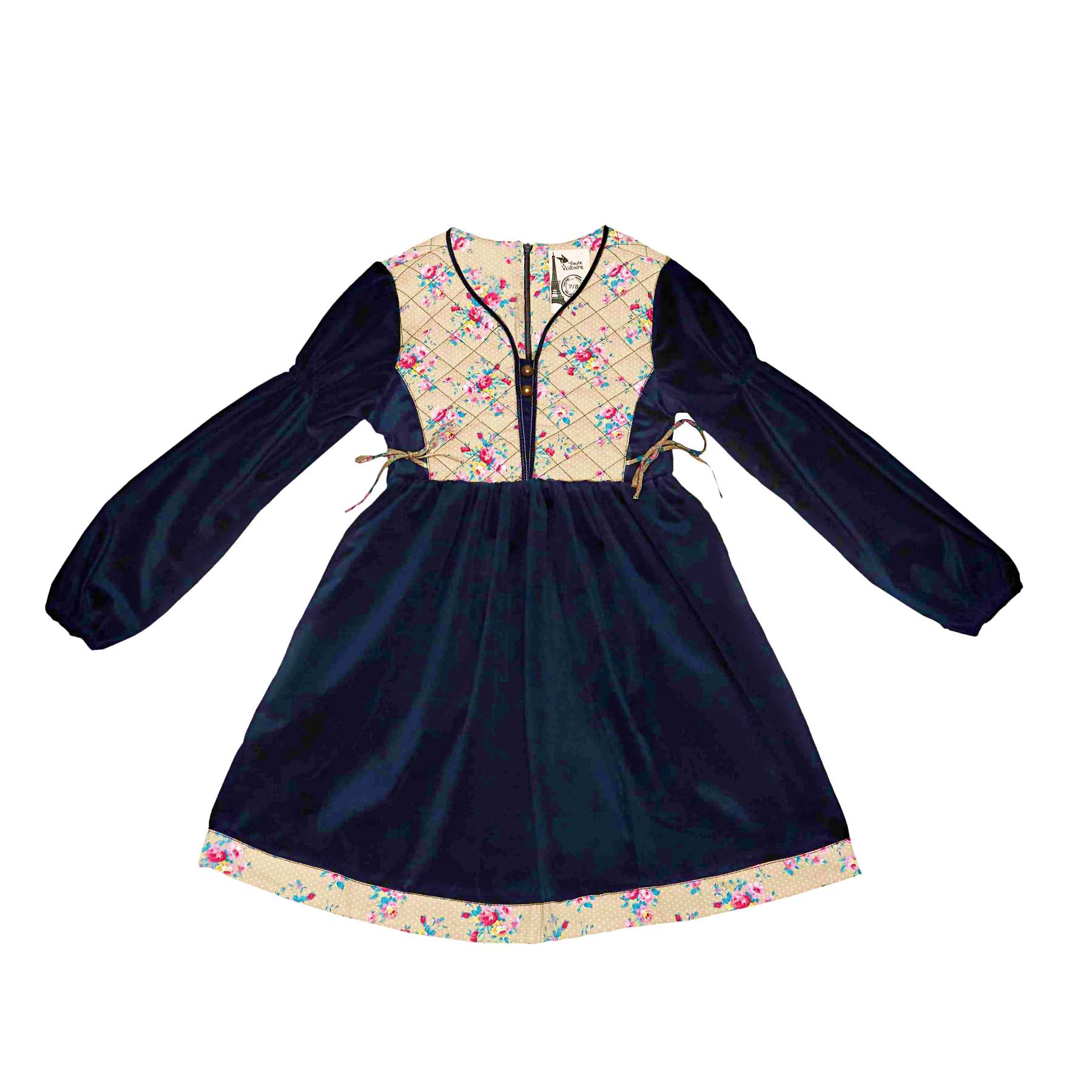 Robe Hiver Fille | Velours Bleu Marine, Fleurie Rose | MARGOT – Image 3