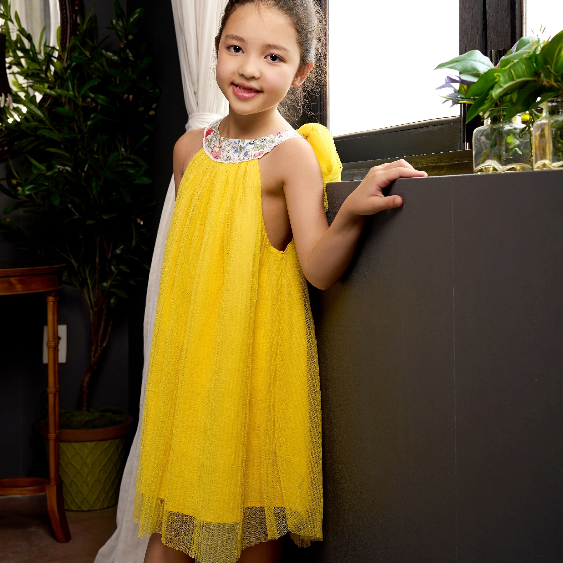 Robe Cérémonie Jaune Fille | Col Fleuri Liberty | ALIZEE