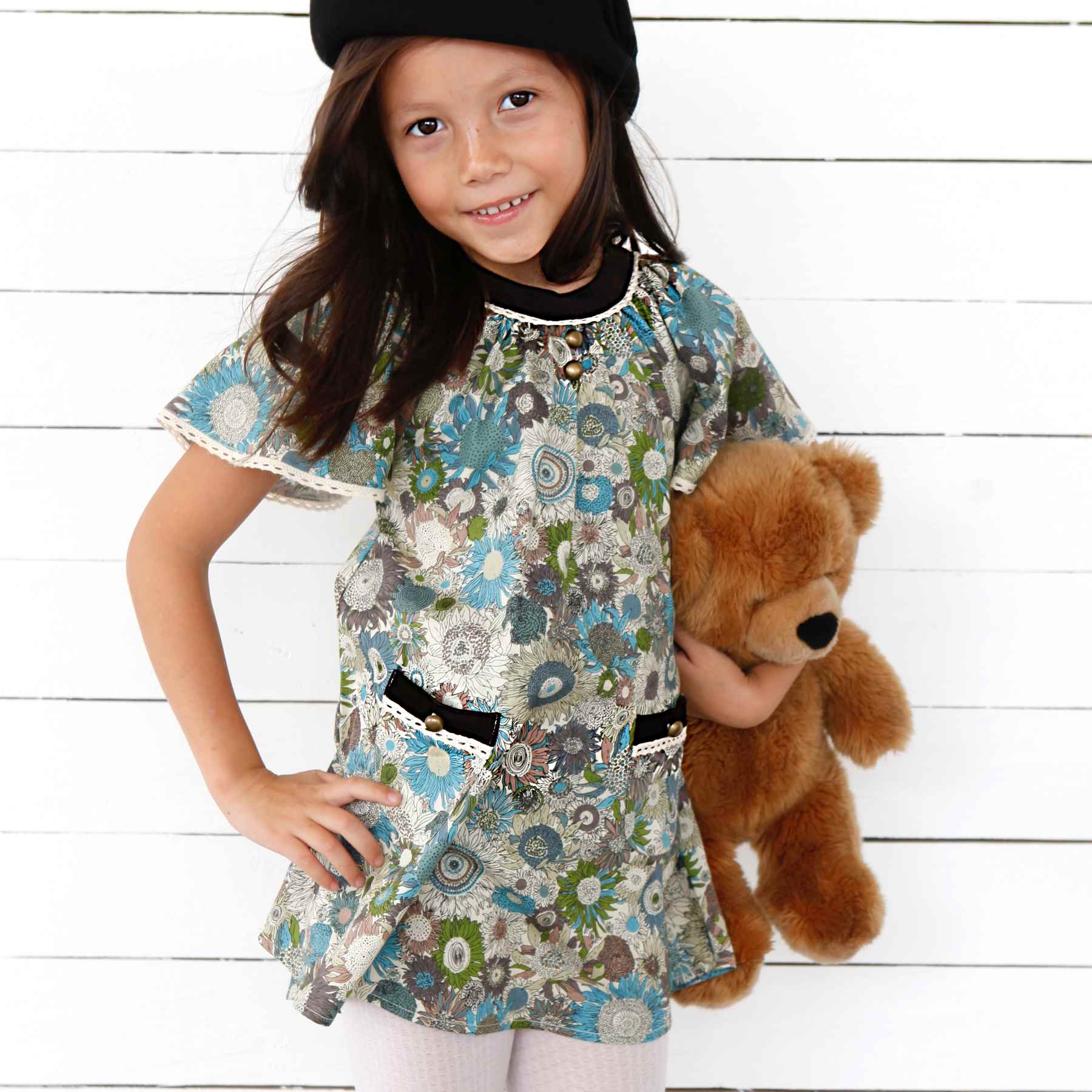 Robe Fleurie Hiver Fille | Liberty Marron Beige | Manches Papillons | BUTTERFLY
