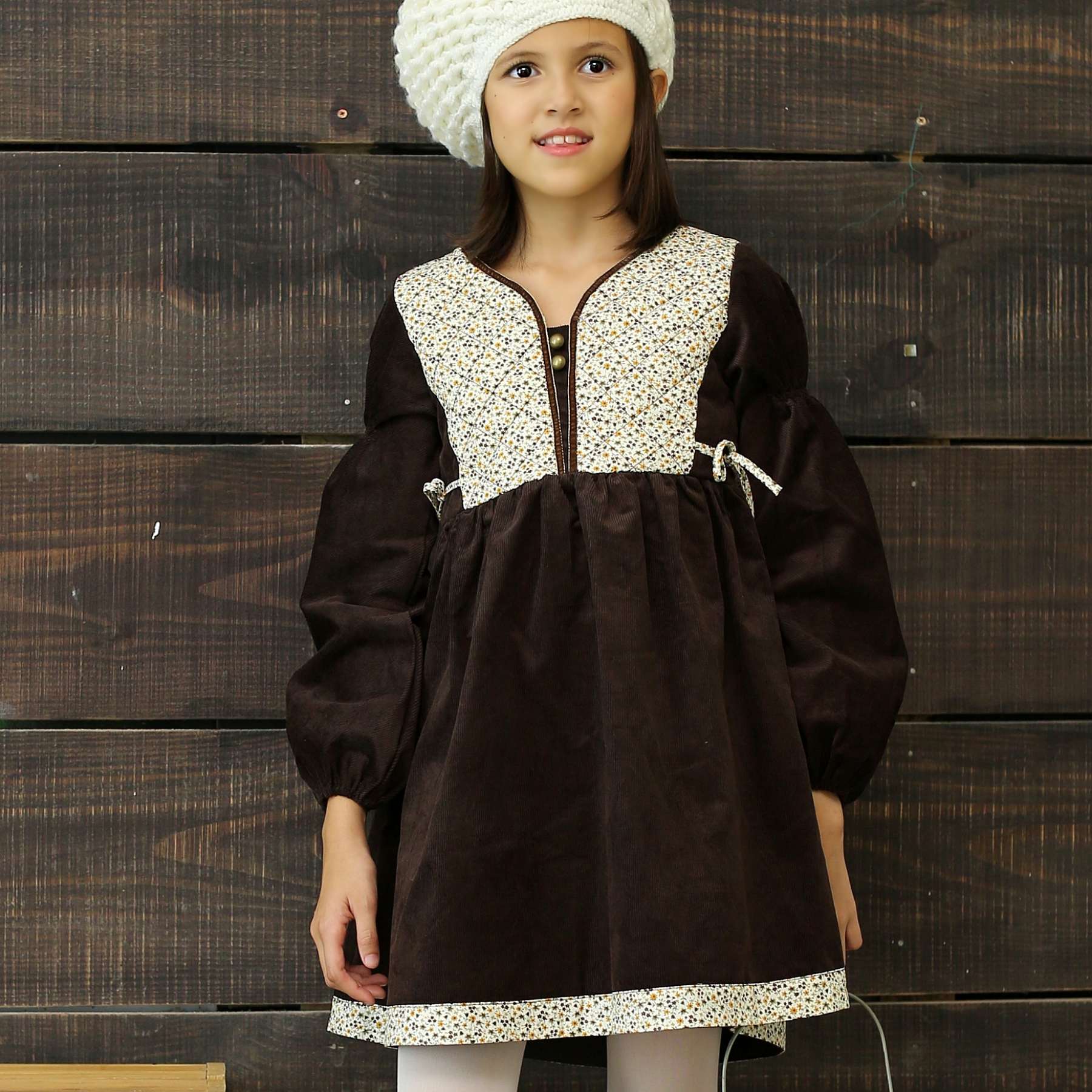 Robe Fleurie Hiver Fille | Liberty Jaune et velours Marron | MARGOT