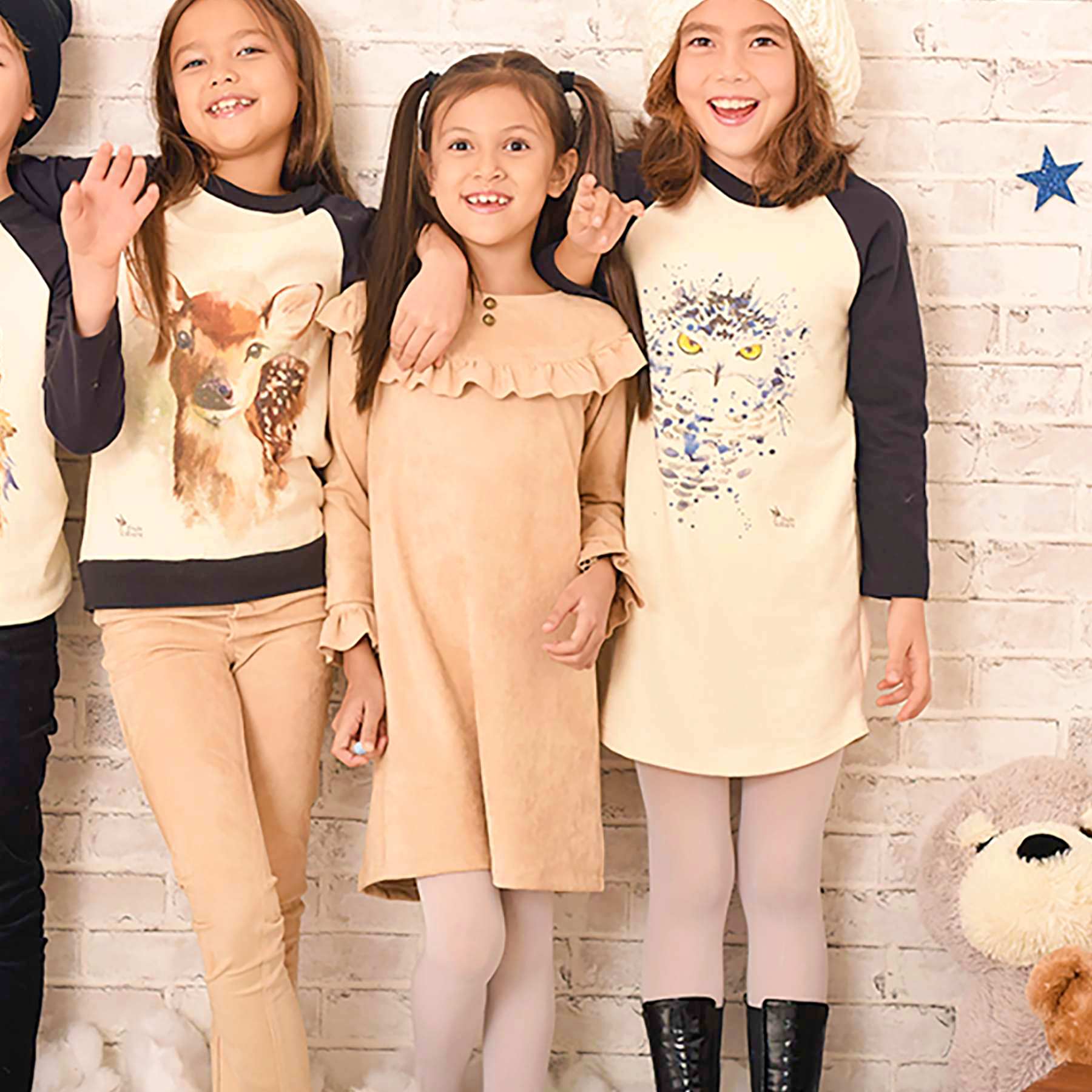 Robe Sweat Fille | Coton Beige et Noir Imprimé Chouette | THE OWL